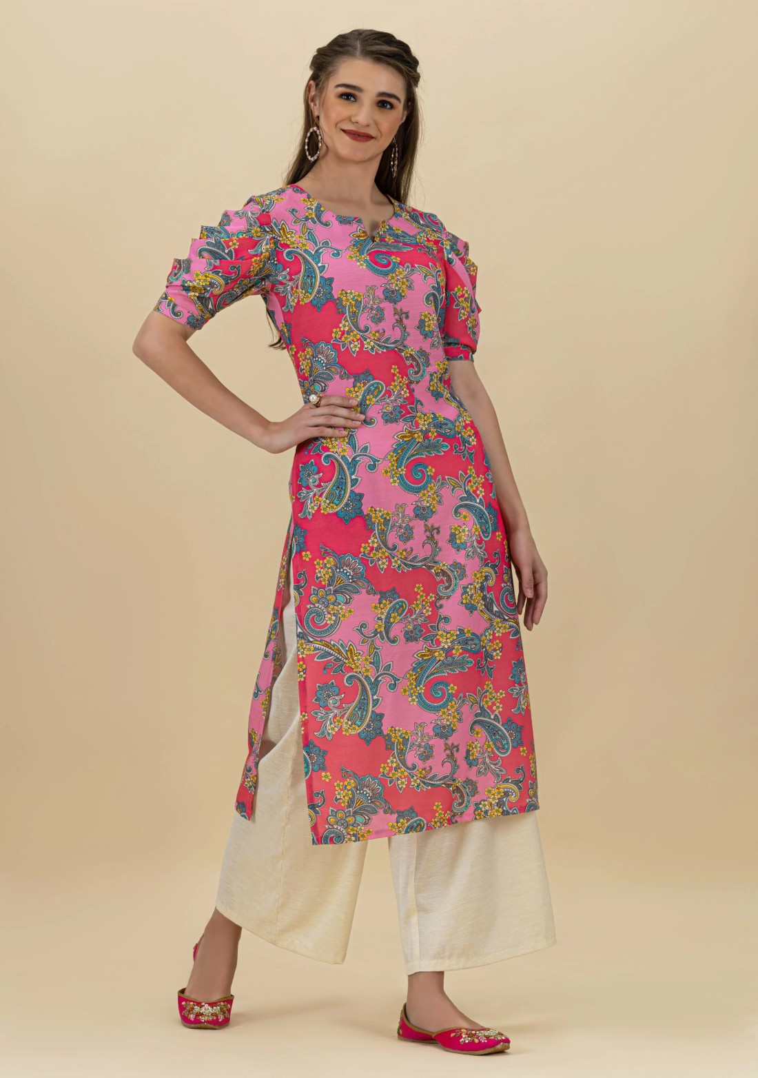 Multi Colour Ethnic Print Rayon Draped Sleeves Straight Kurta