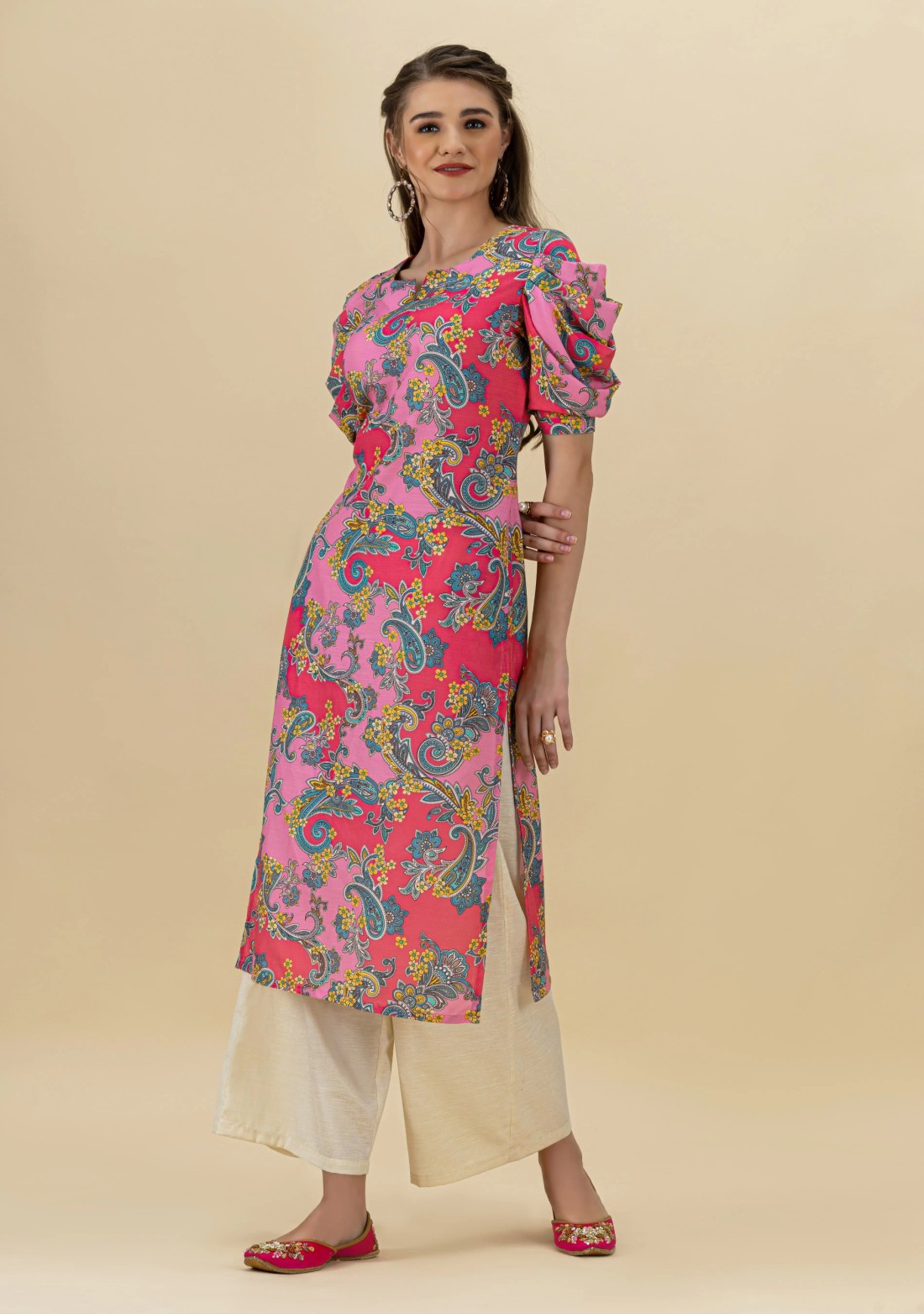 Multi Colour Ethnic Print Rayon Draped Sleeves Straight Kurta