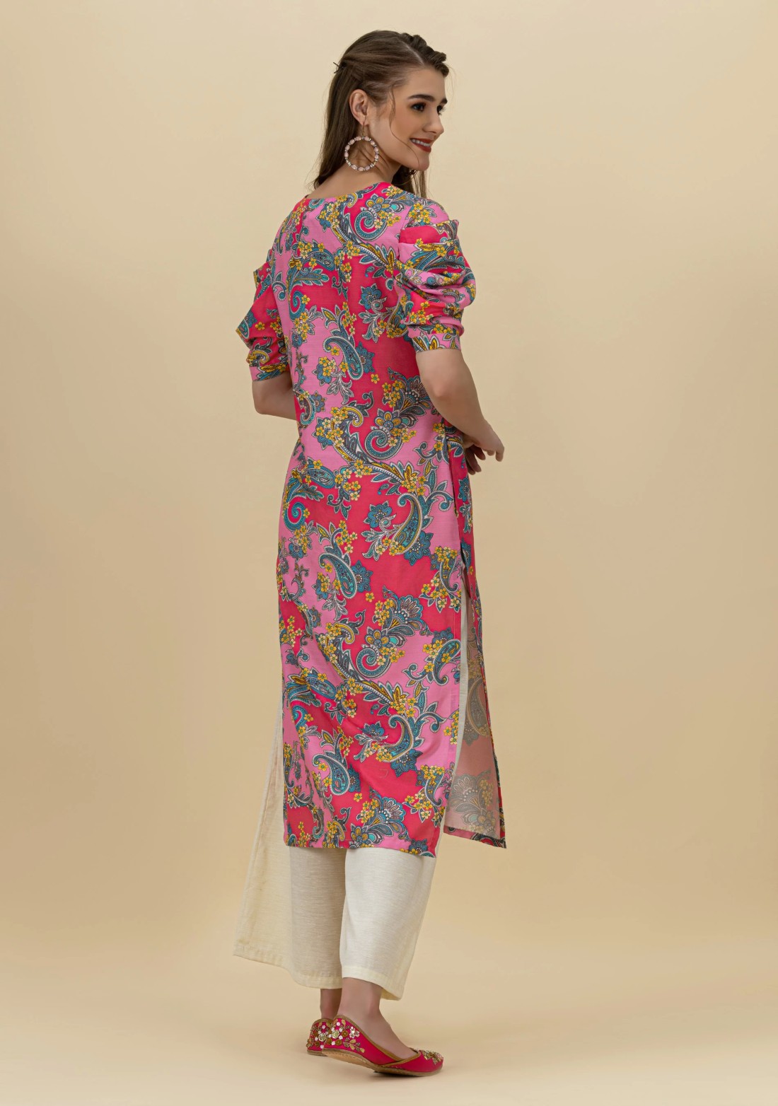 Multi Colour Ethnic Print Rayon Draped Sleeves Straight Kurta