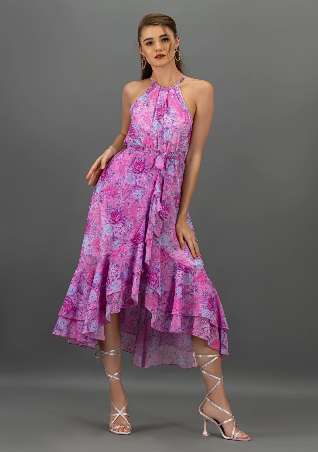 Lavender Floral Print Georgette Flared Long Dress