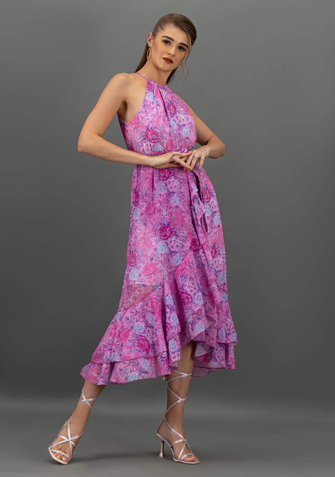 Lavender Floral Print Georgette Flared Long Dress