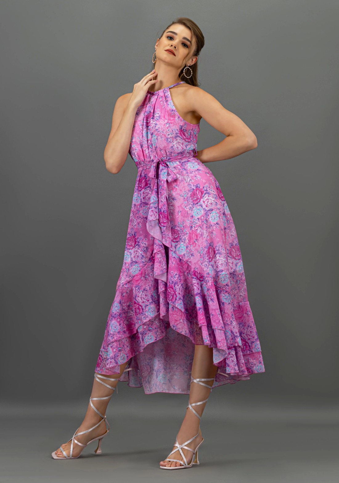 Lavender Floral Print Georgette Flared Long Dress