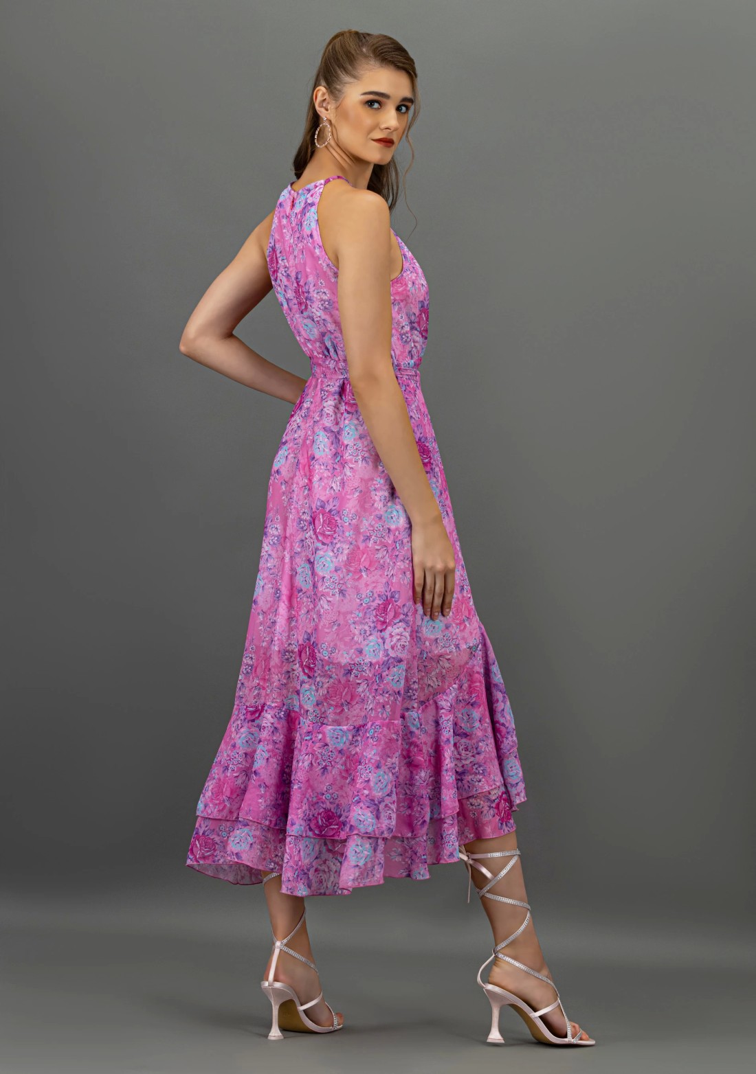 Lavender Floral Print Georgette Flared Long Dress