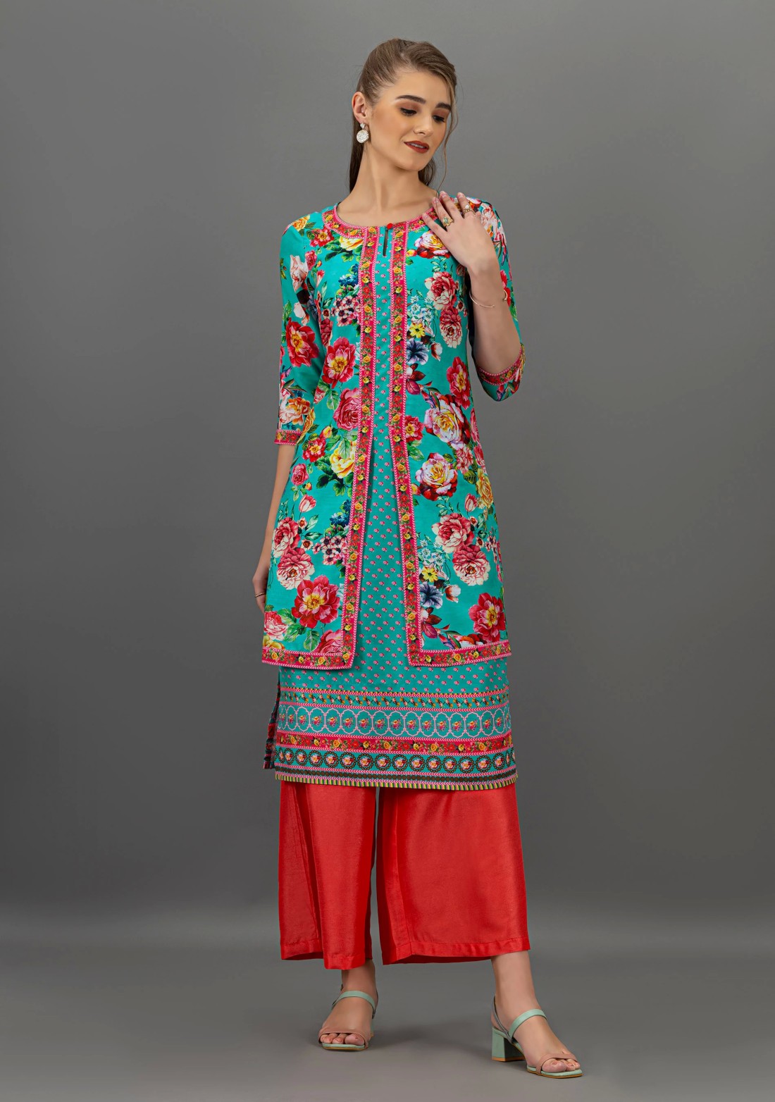 Turquoise Floral Print Double Layered Straight Kurta