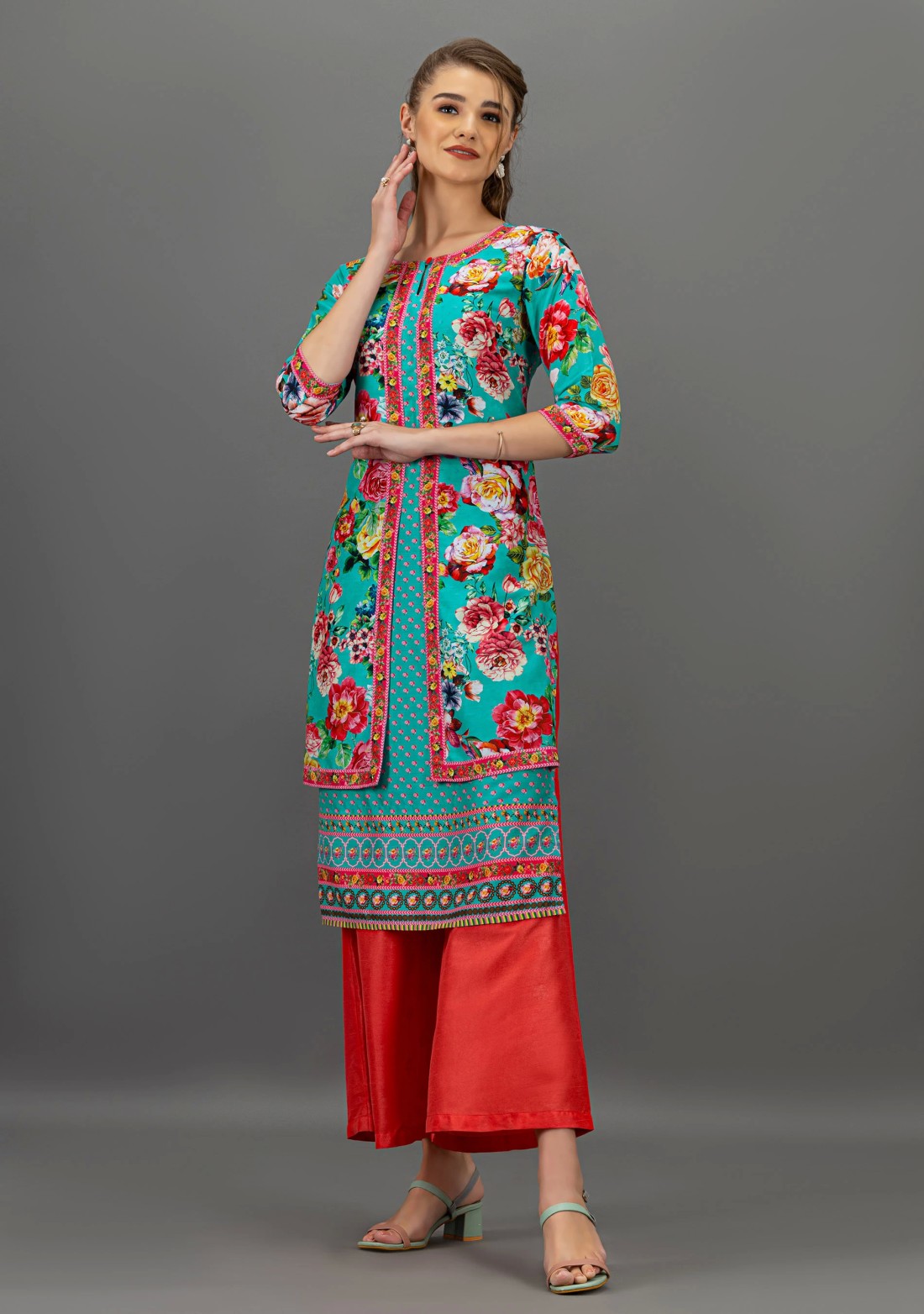 Turquoise Floral Print Double Layered Straight Kurta