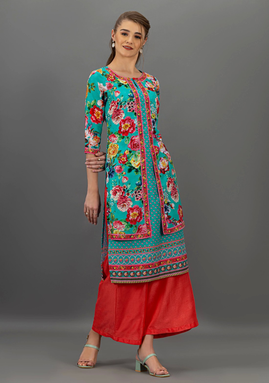 Turquoise Floral Print Double Layered Straight Kurta