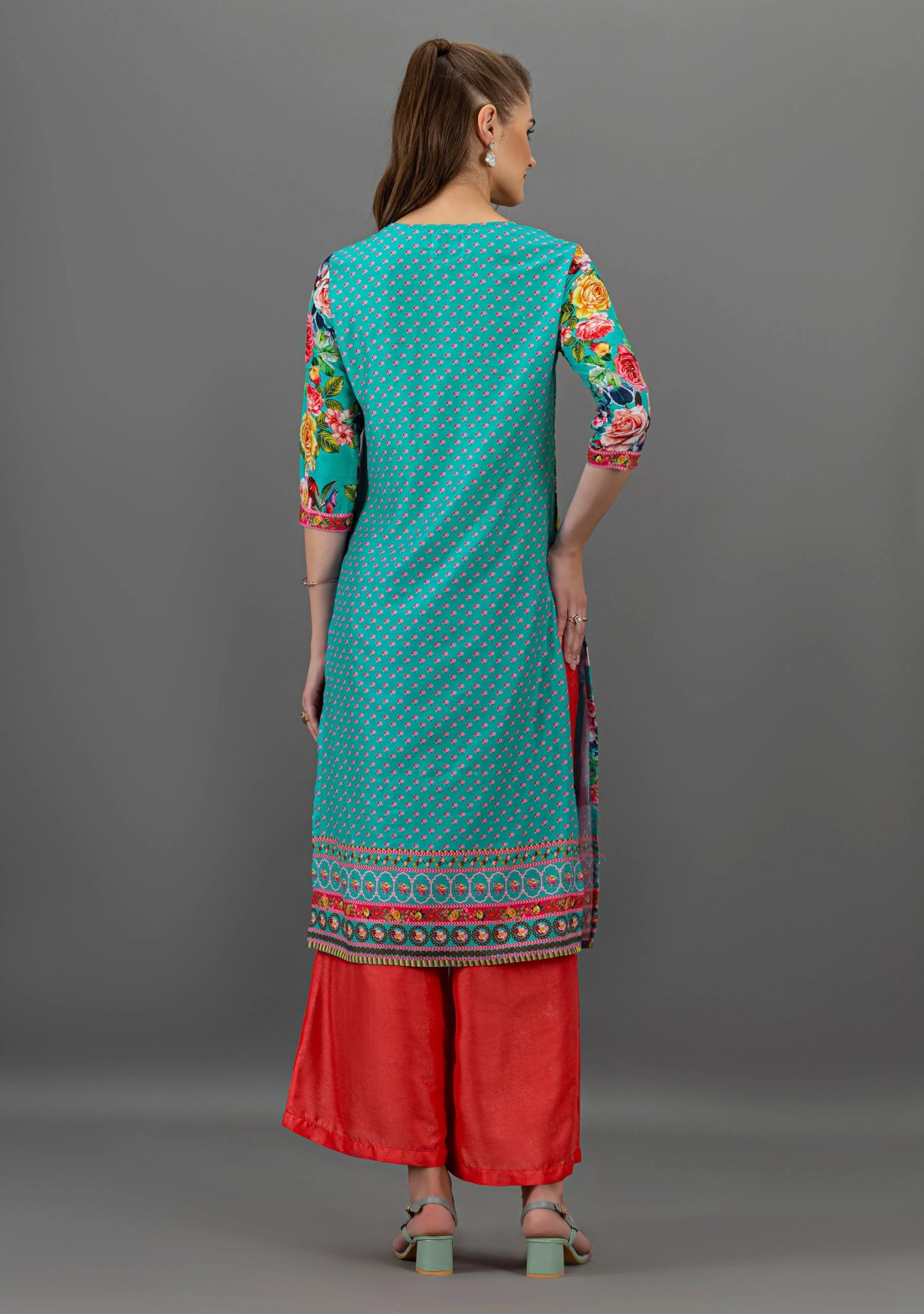 Turquoise Floral Print Double Layered Straight Kurta