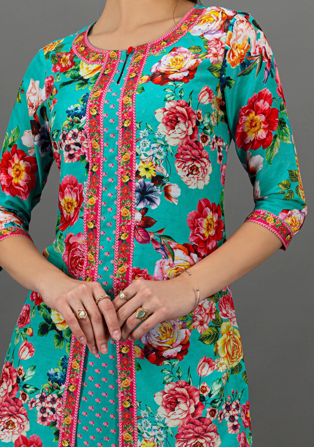 Turquoise Floral Print Double Layered Straight Kurta