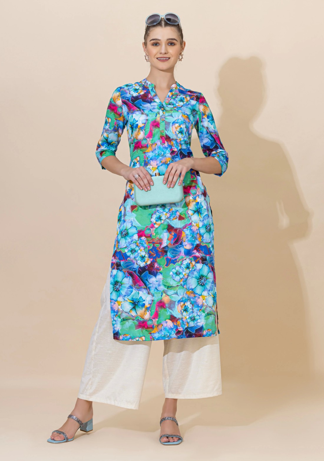 Blue Floral Print Rayon Straight Kurta