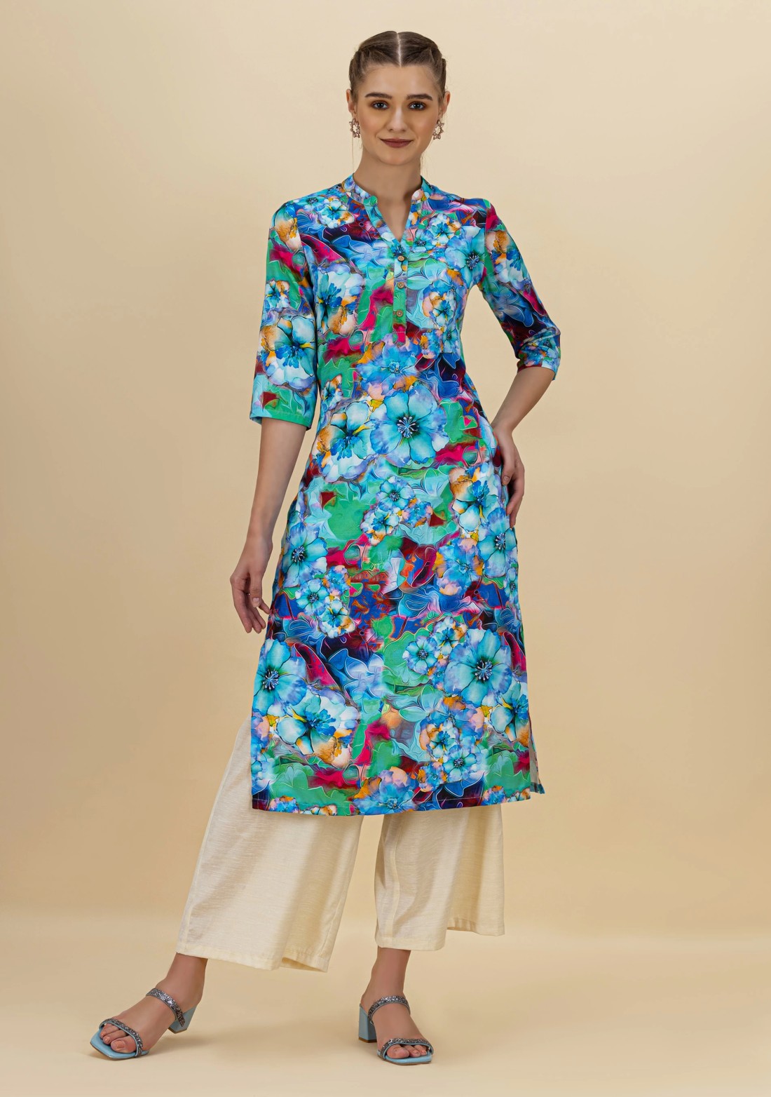 Blue Floral Print Rayon Straight Kurta