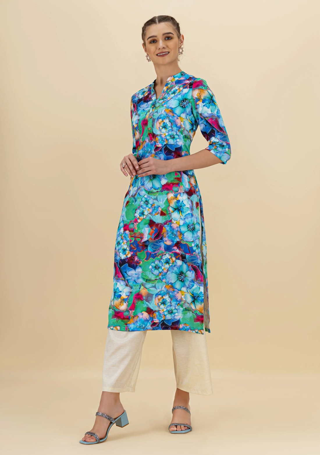 Blue Floral Print Rayon Straight Kurta