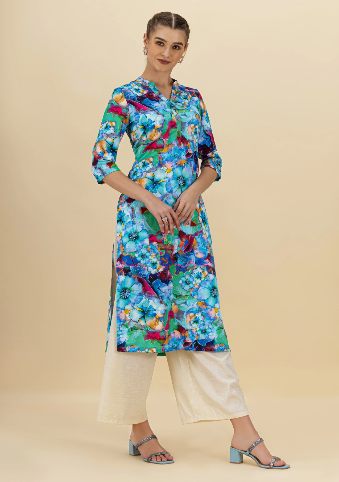 Blue Floral Print Rayon Straight Kurta