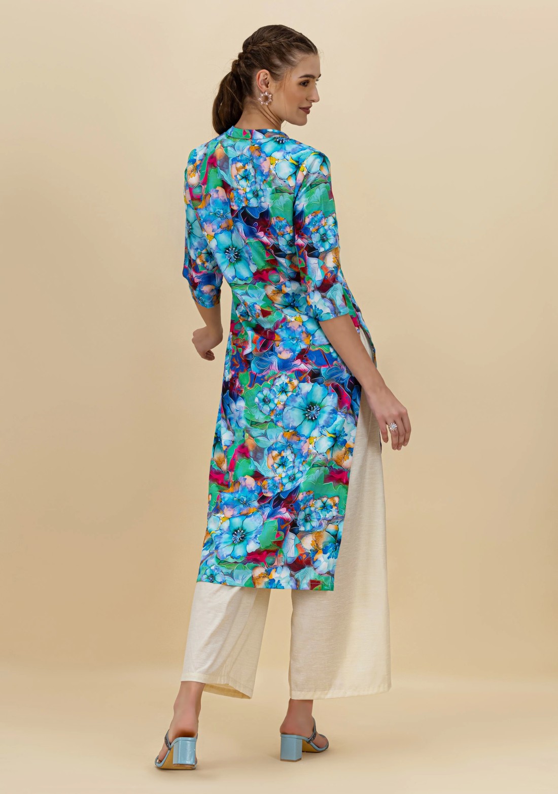 Blue Floral Print Rayon Straight Kurta