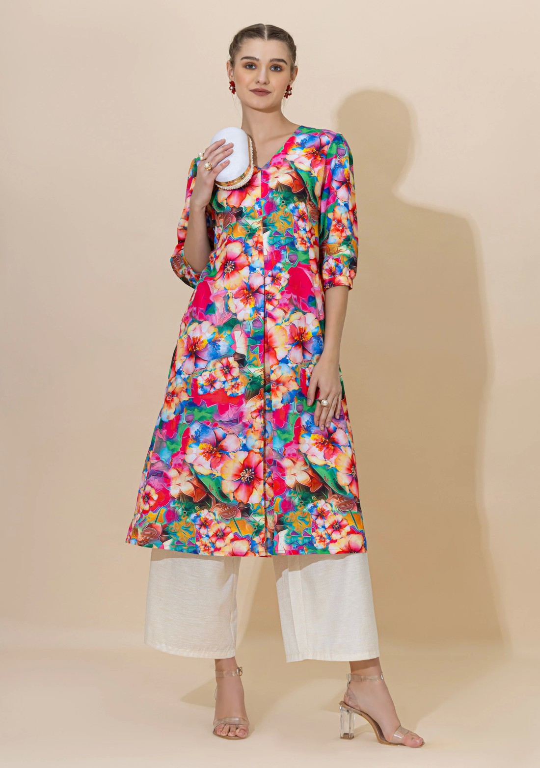 Multi Colour Floral Print Rayon A-Line Kurta