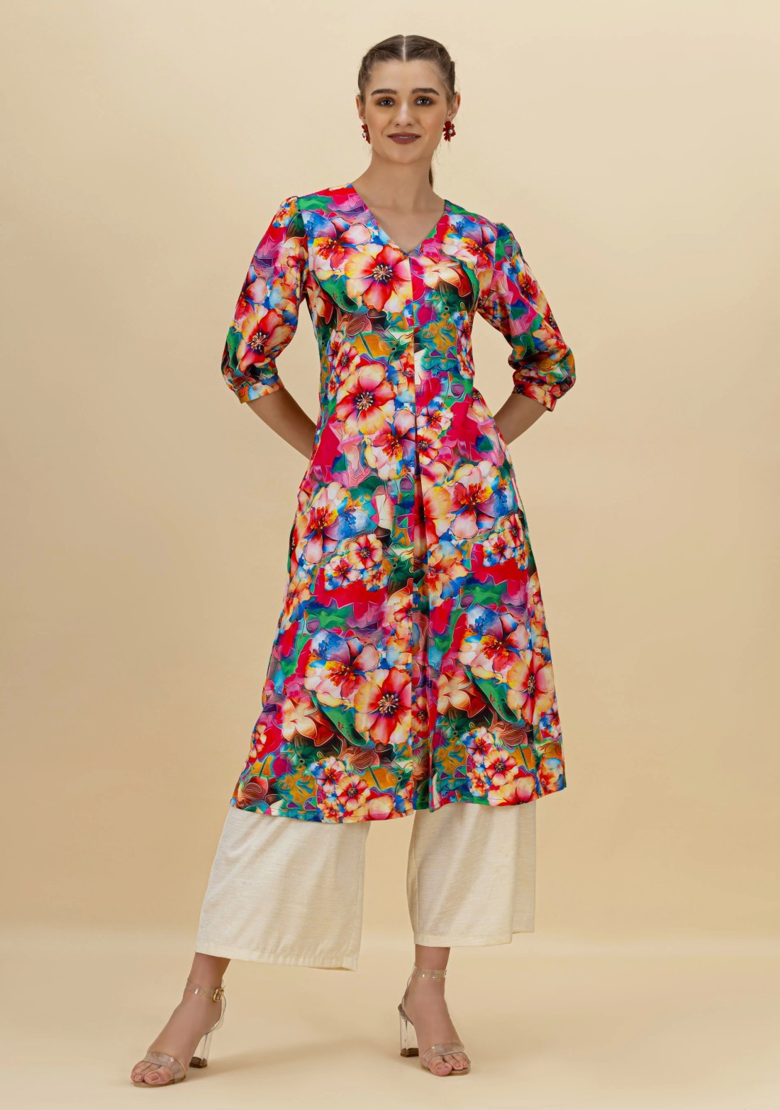 Multi Colour Floral Print Rayon A-Line Kurta