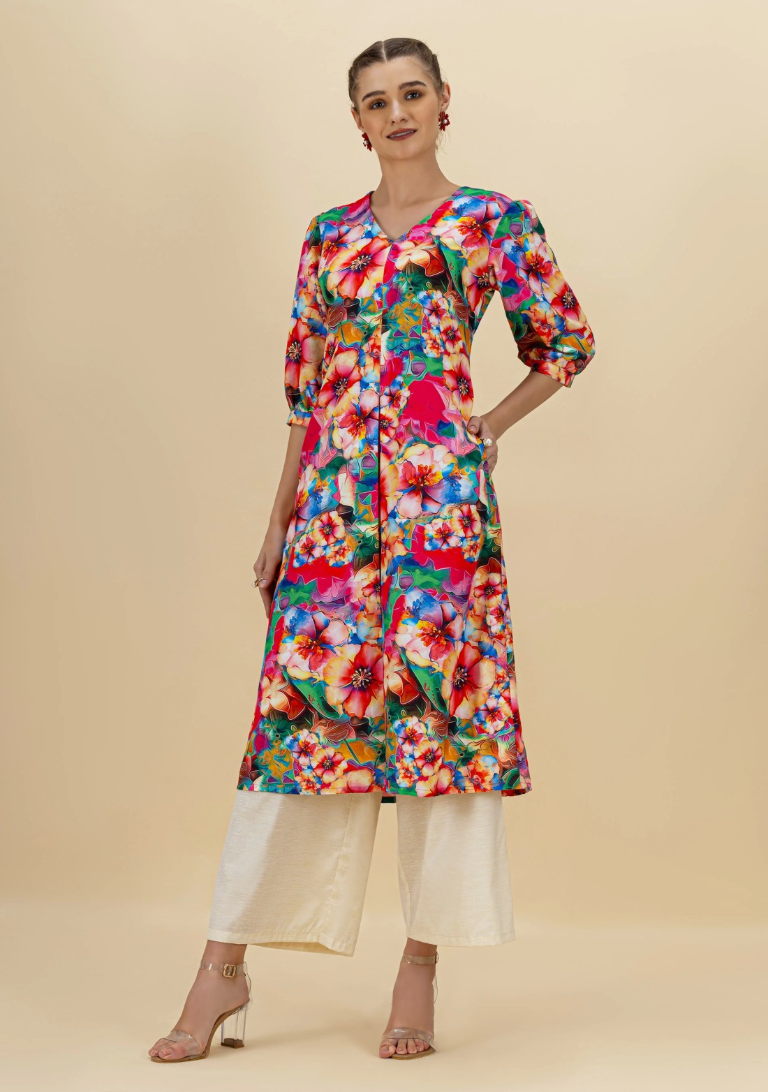 Multi Colour Floral Print Rayon A-Line Kurta