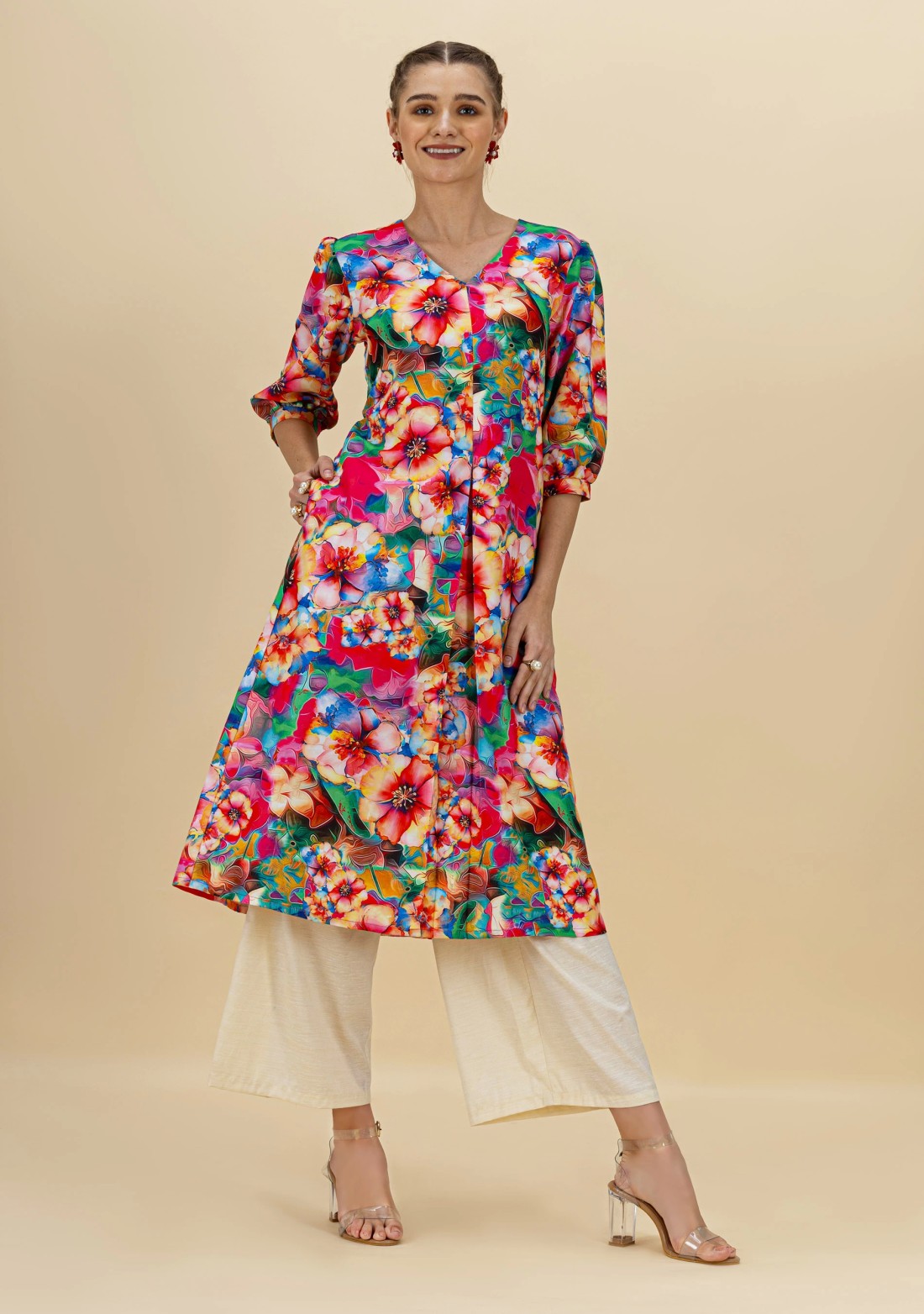 Multi Colour Floral Print Rayon A-Line Kurta