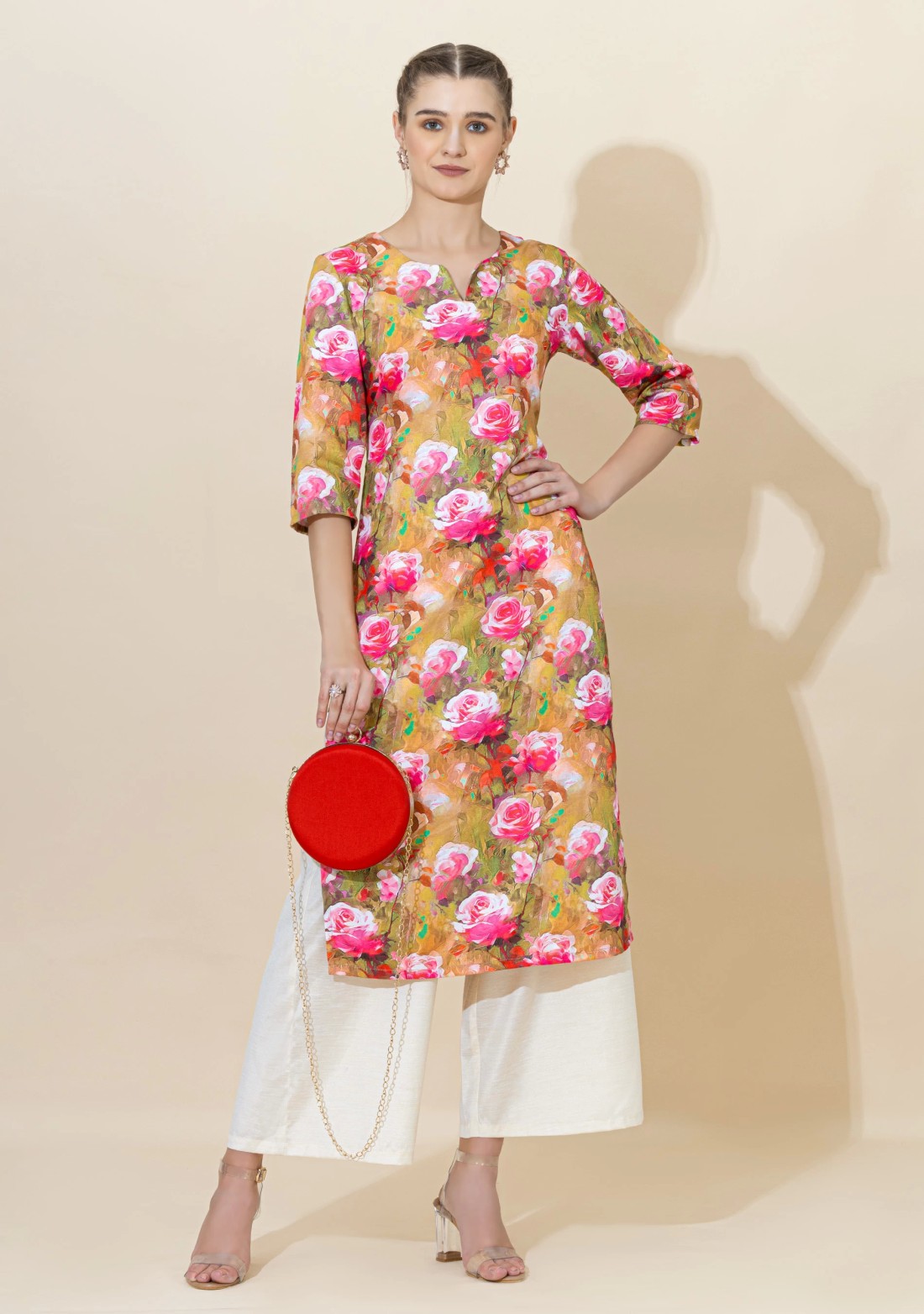 Rose Print Rayon Straight Kurta