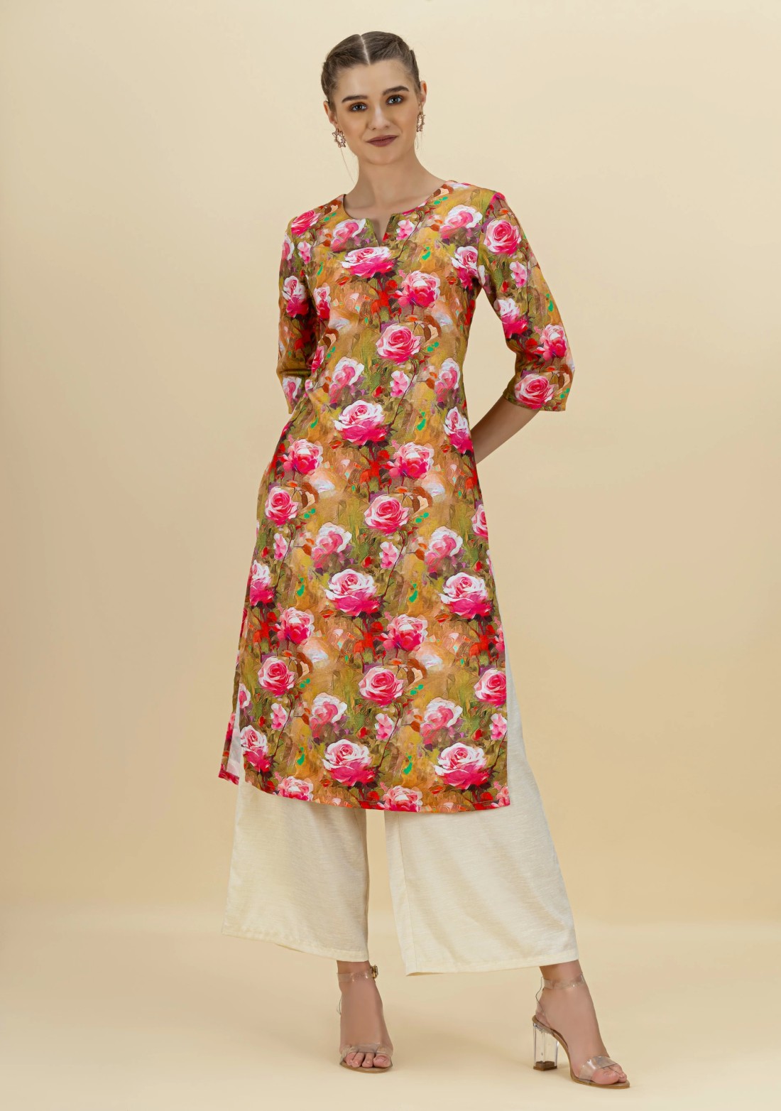 Rose Print Rayon Straight Kurta