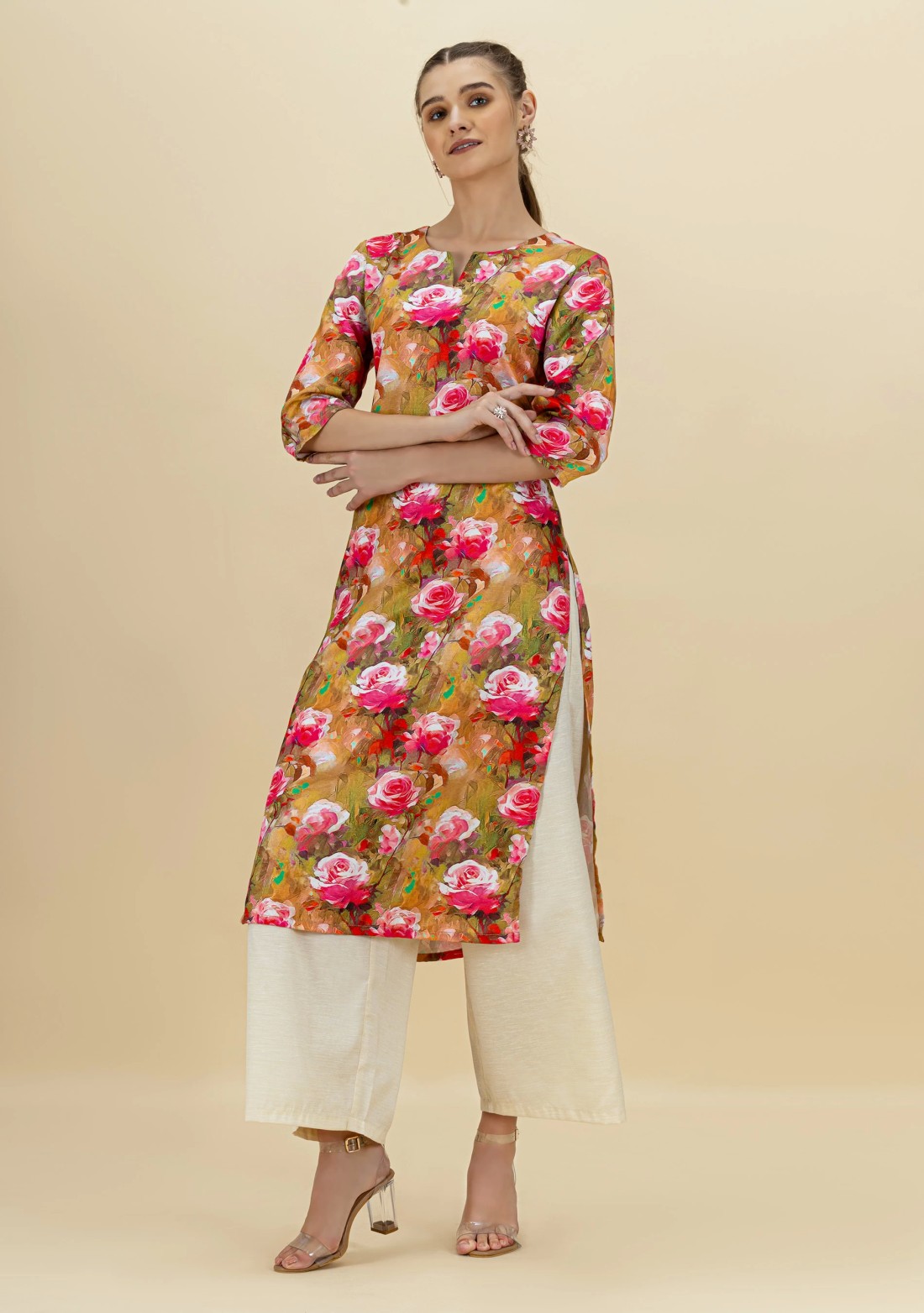 Rose Print Rayon Straight Kurta