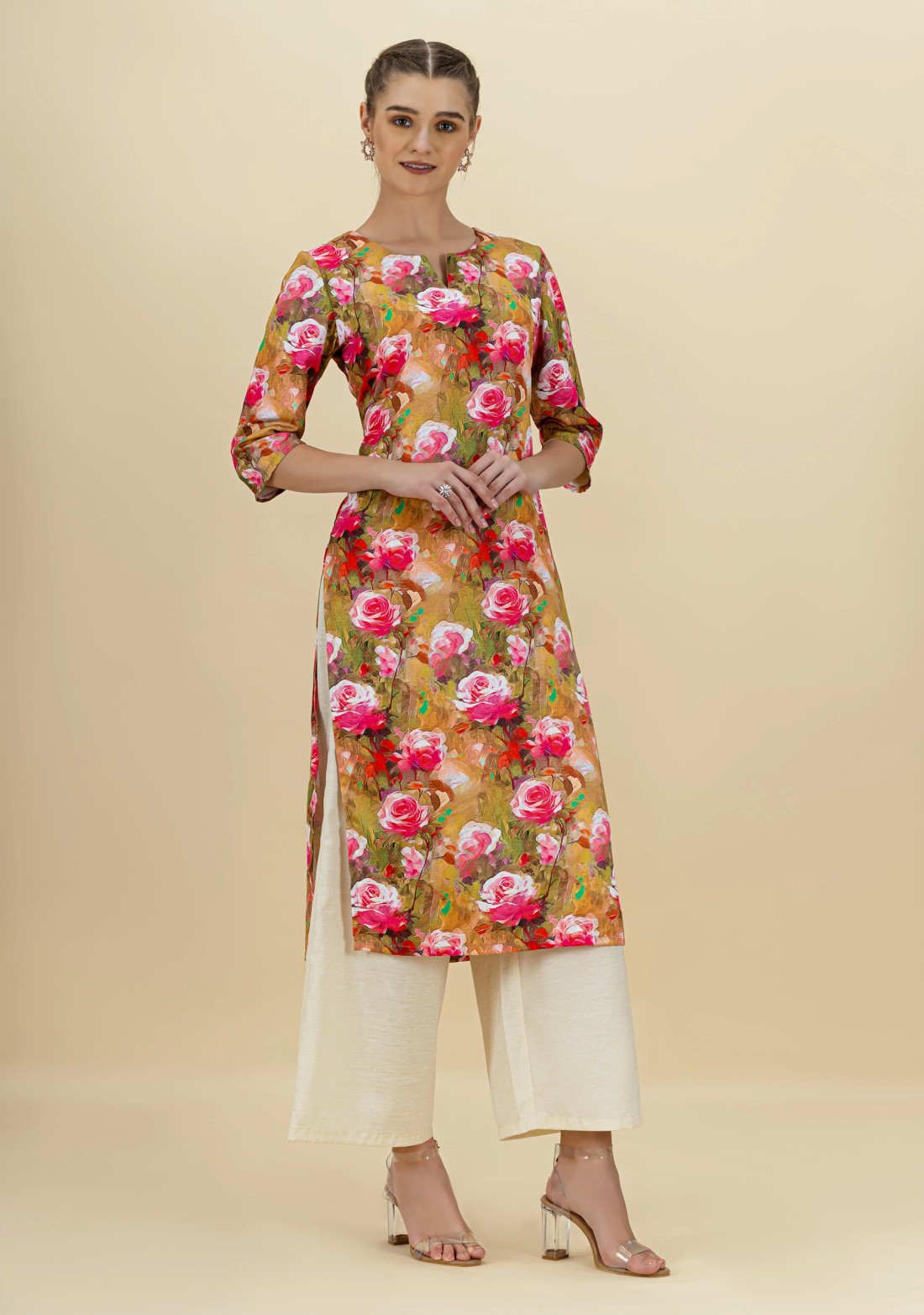 Rose Print Rayon Straight Kurta