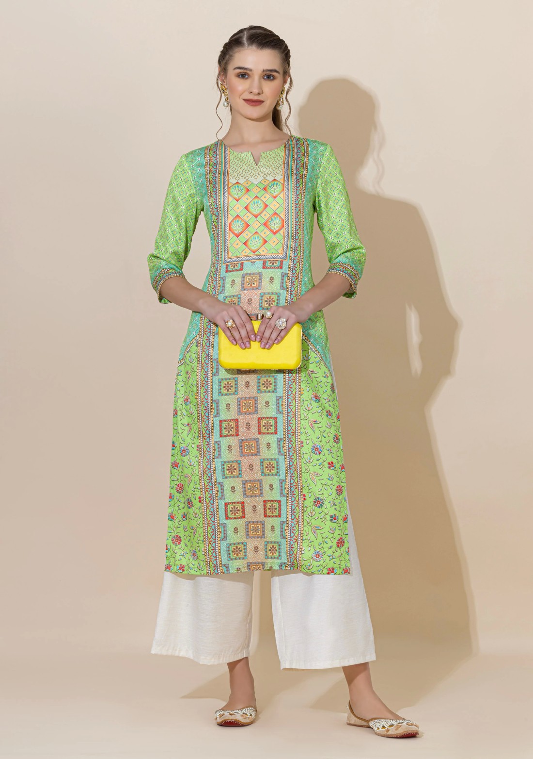 Green Ethnic Motif Print Rayon Straight Kurta