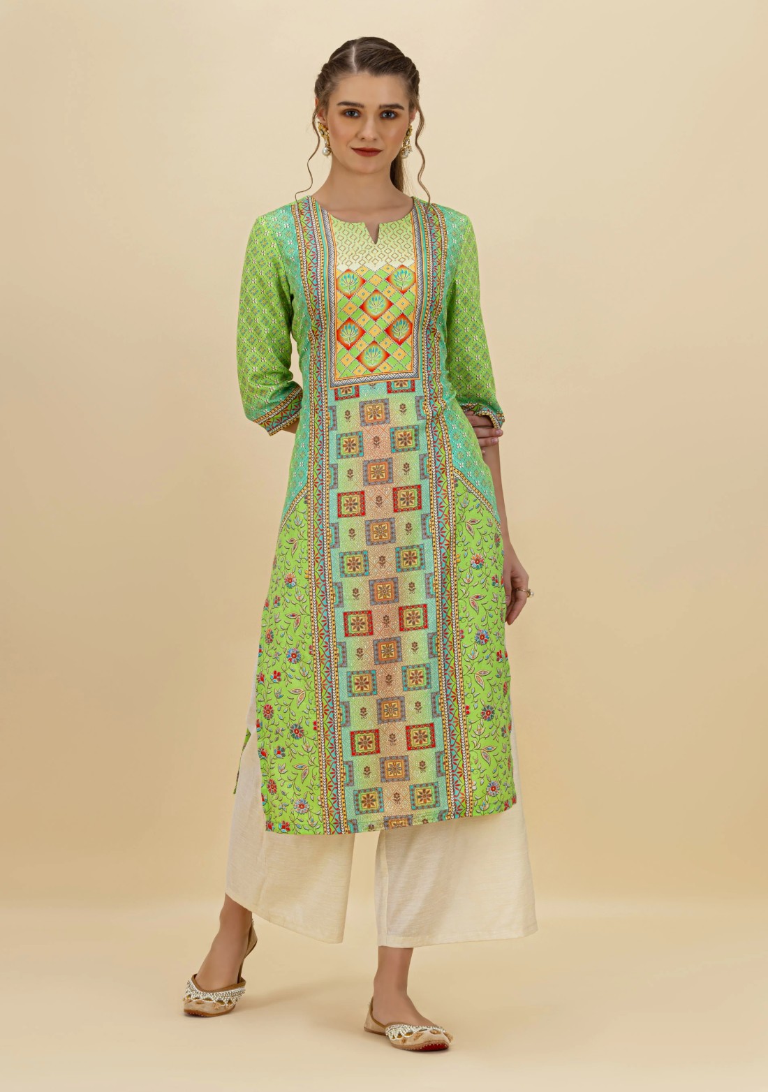 Green Ethnic Motif Print Rayon Straight Kurta