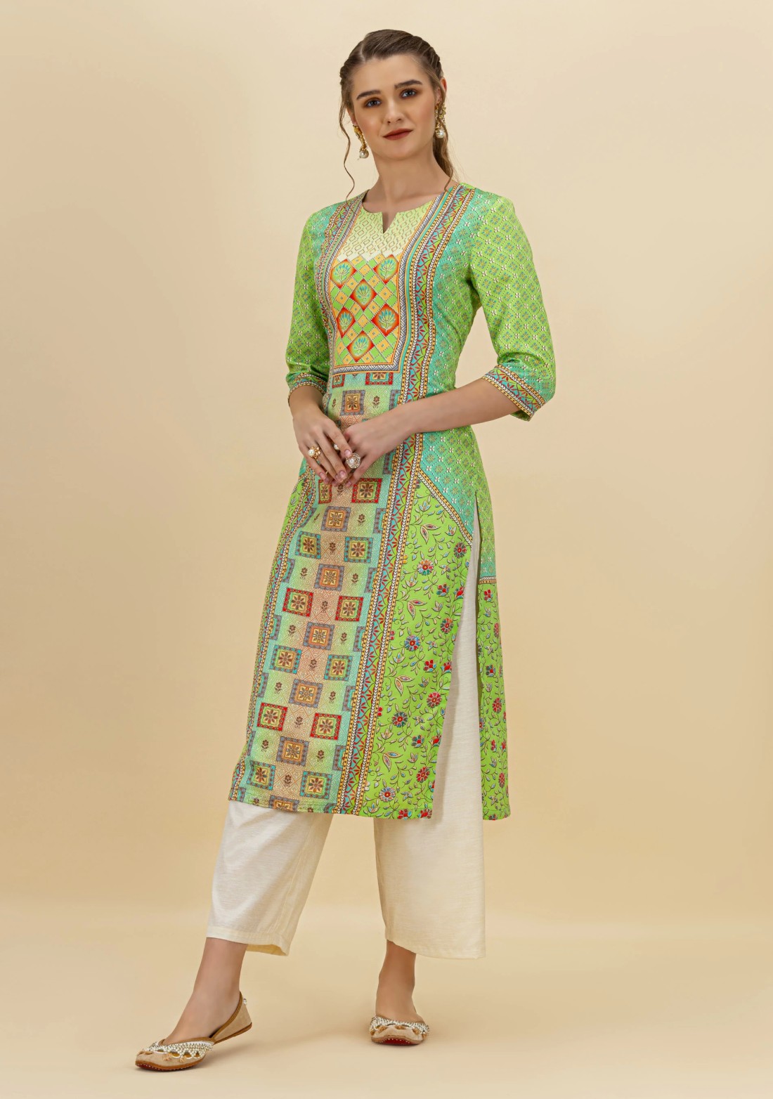 Green Ethnic Motif Print Rayon Straight Kurta