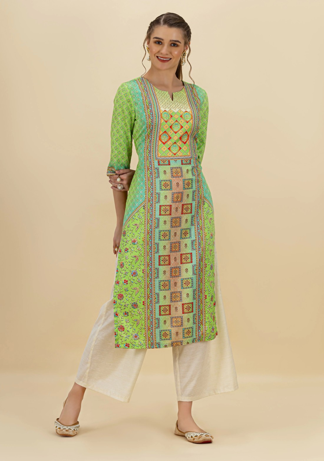 Green Ethnic Motif Print Rayon Straight Kurta