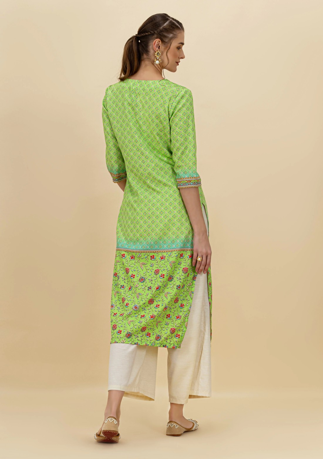 Green Ethnic Motif Print Rayon Straight Kurta