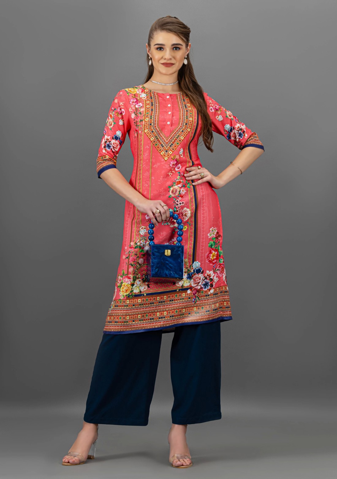 Peach Pink Floral Print Straight Kurta