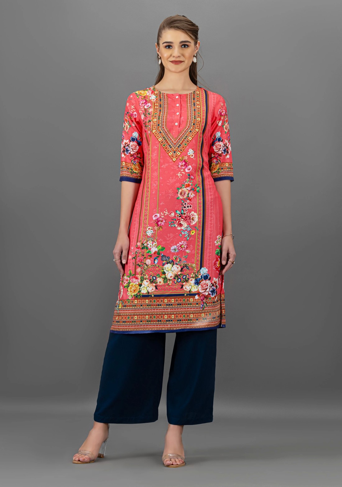 Peach Pink Floral Print Straight Kurta