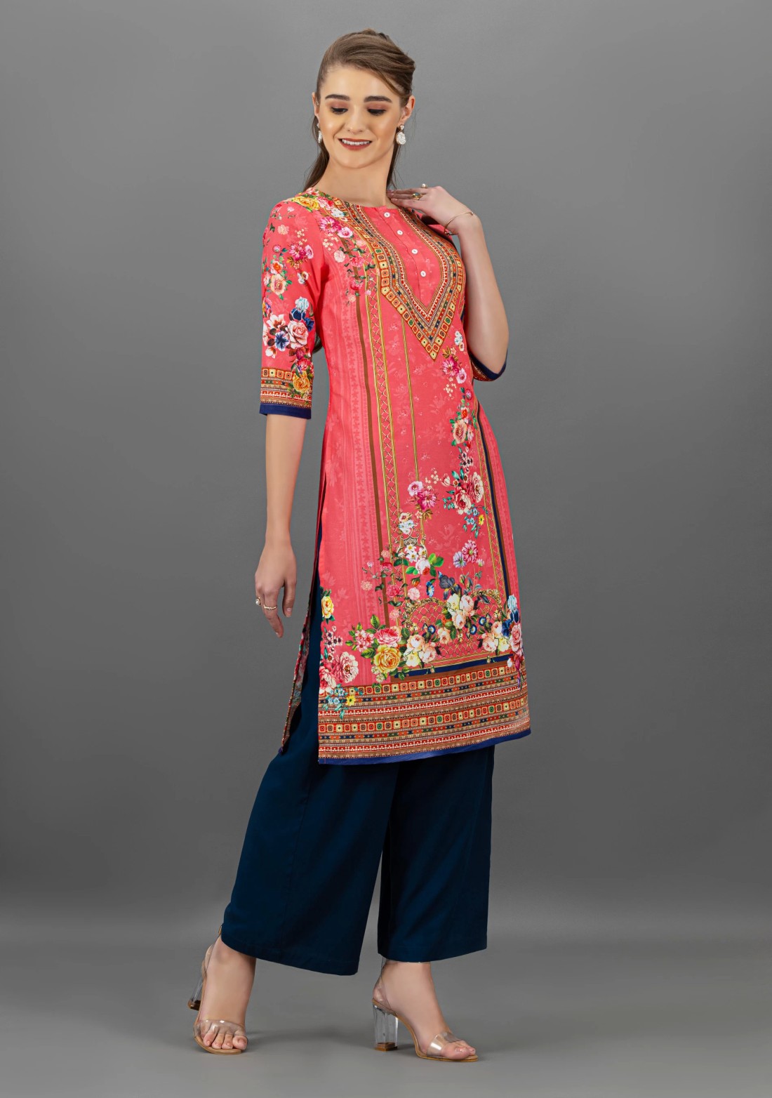 Peach Pink Floral Print Straight Kurta