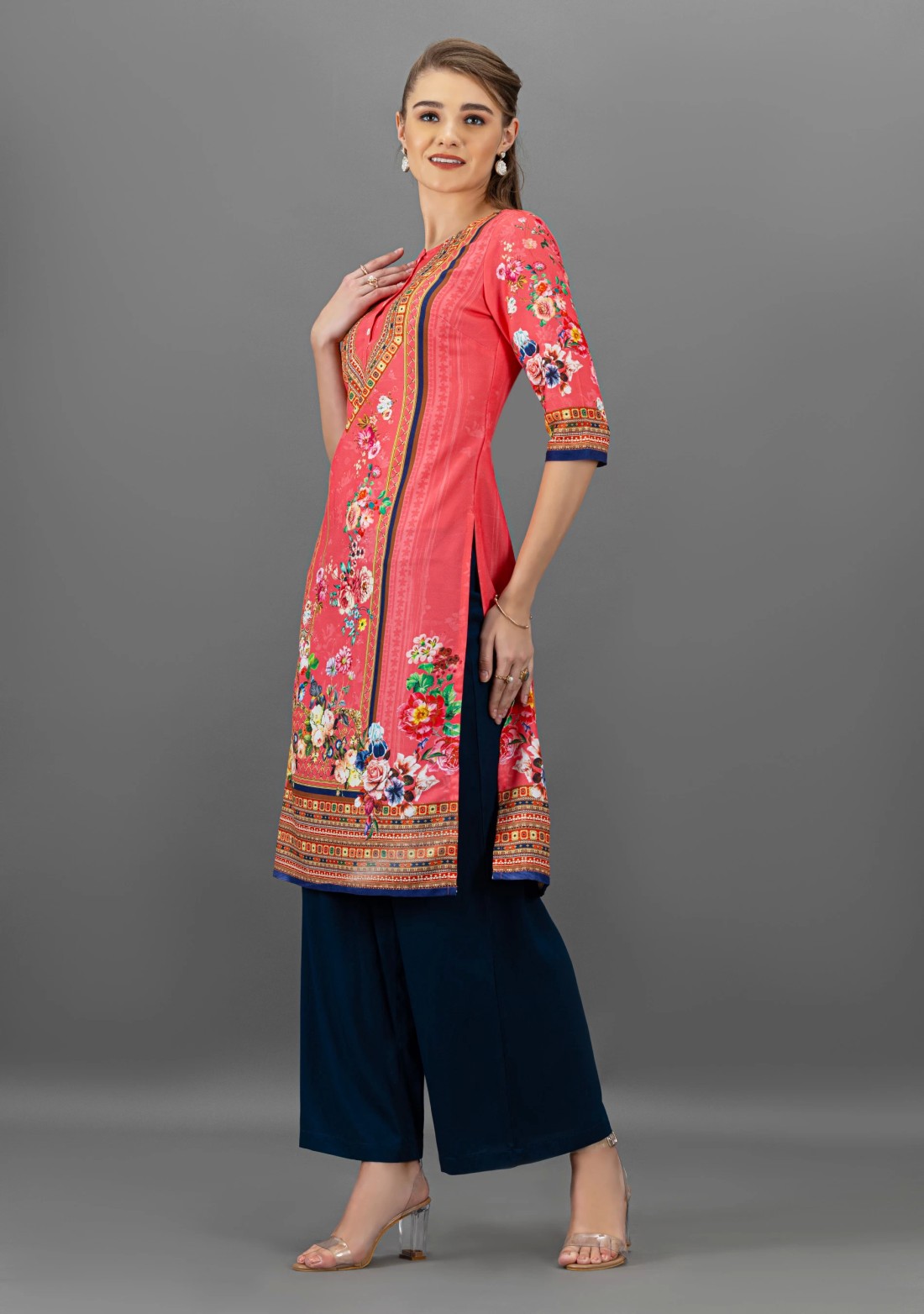 Peach Pink Floral Print Straight Kurta