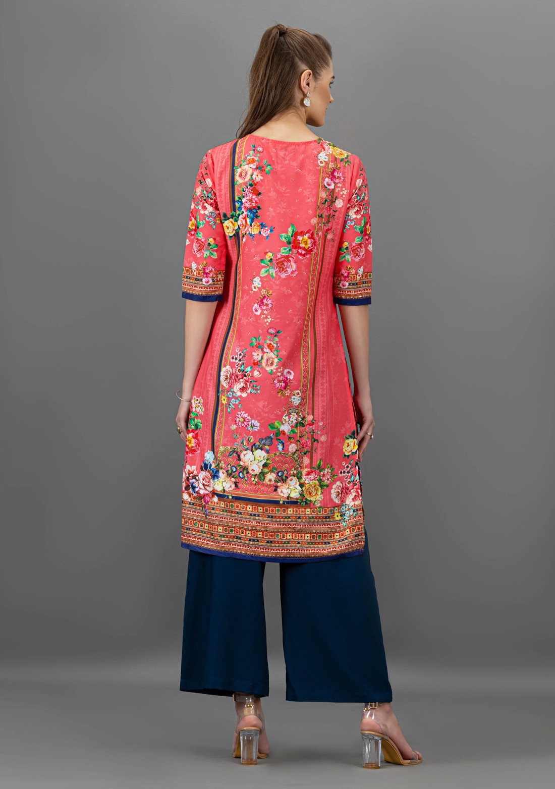 Peach Pink Floral Print Straight Kurta