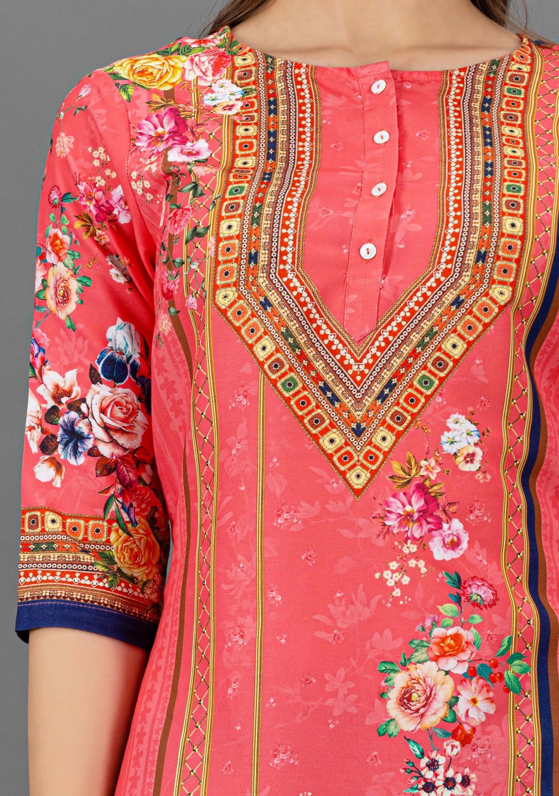 Peach Pink Floral Print Straight Kurta