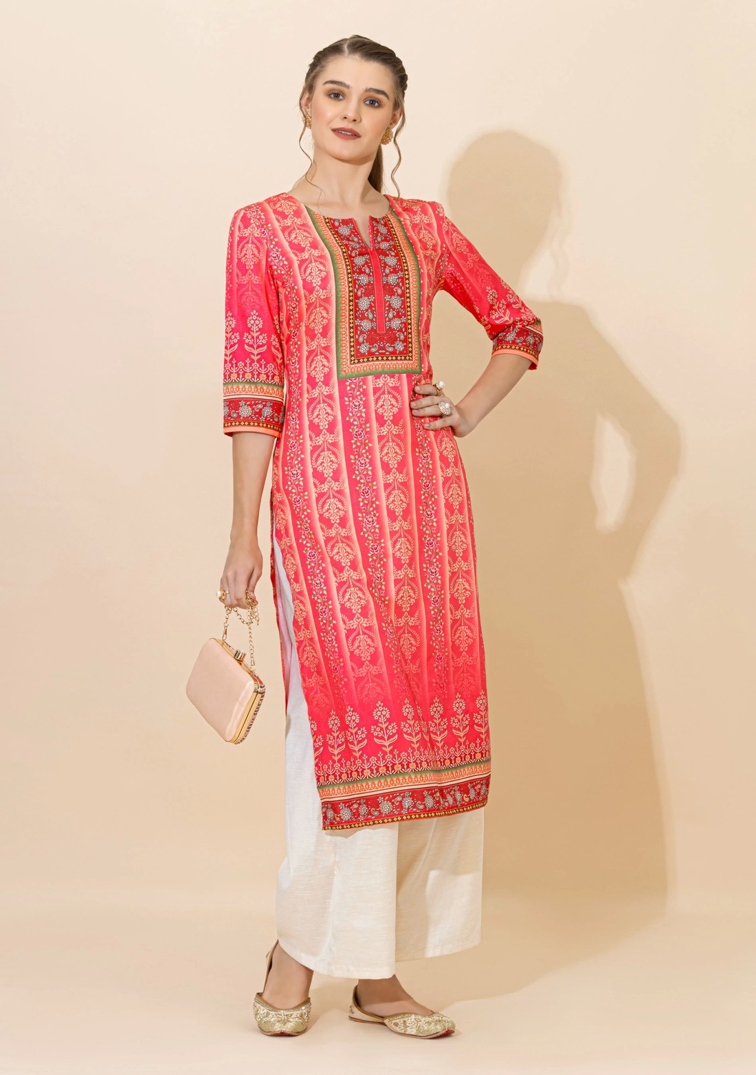 Pink Ethnic Motif Print Rayon Straight Kurta