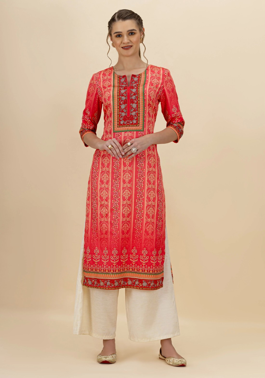 Pink Ethnic Motif Print Rayon Straight Kurta