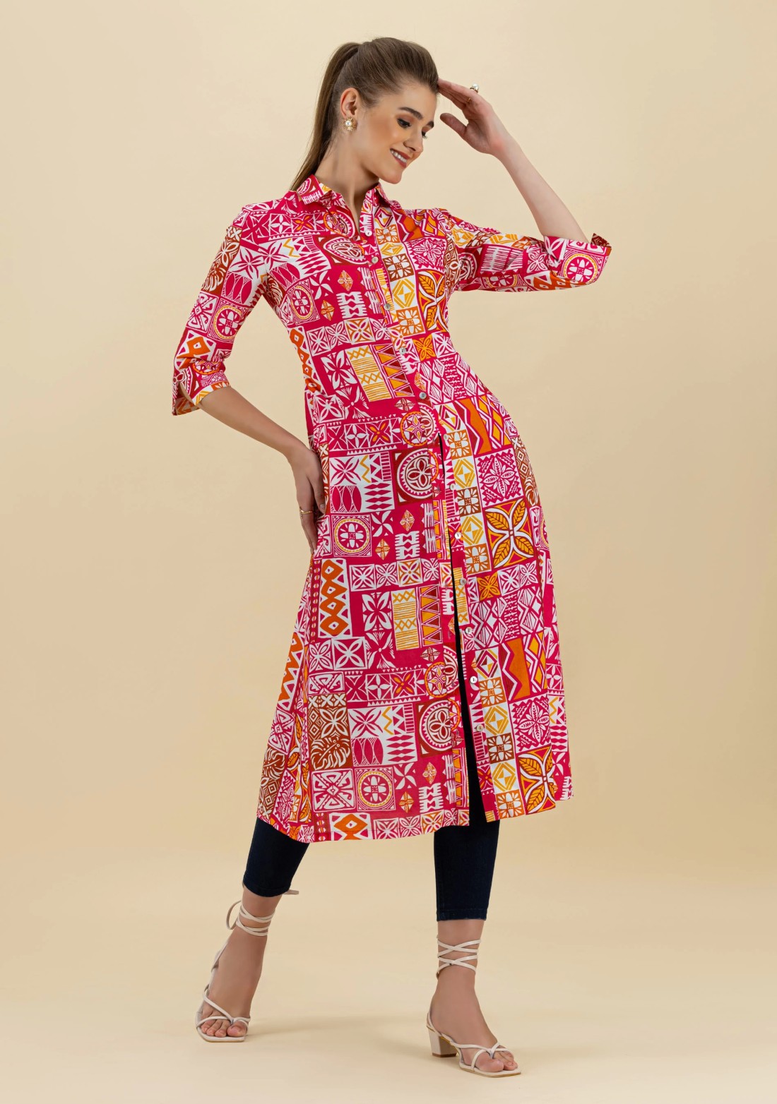 Ethnic Print Rayon Button Down Kurta