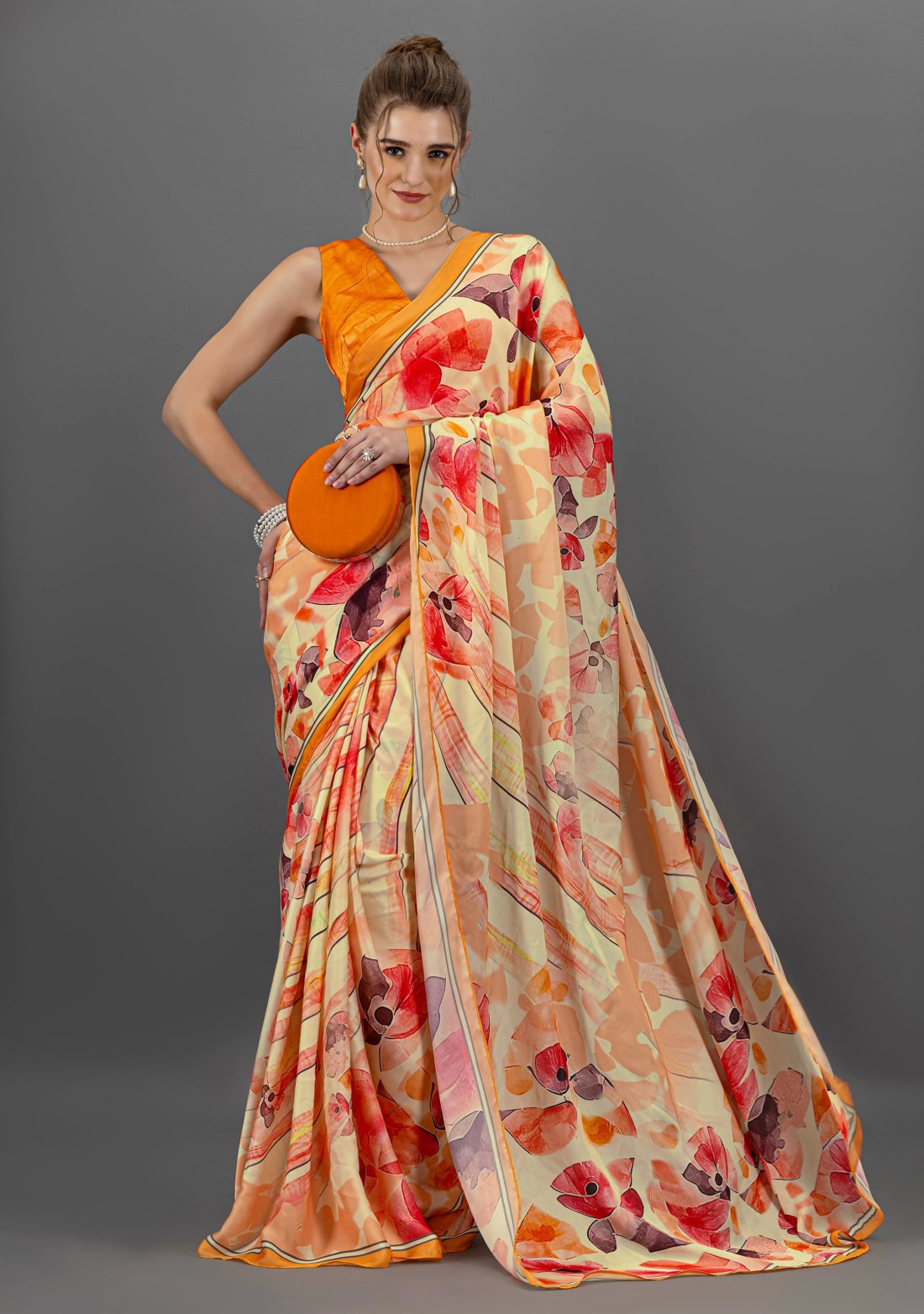 Mango Orange Abstract Floral Printed Lightweight Satin Georgette Saree With Unstitched Blouse