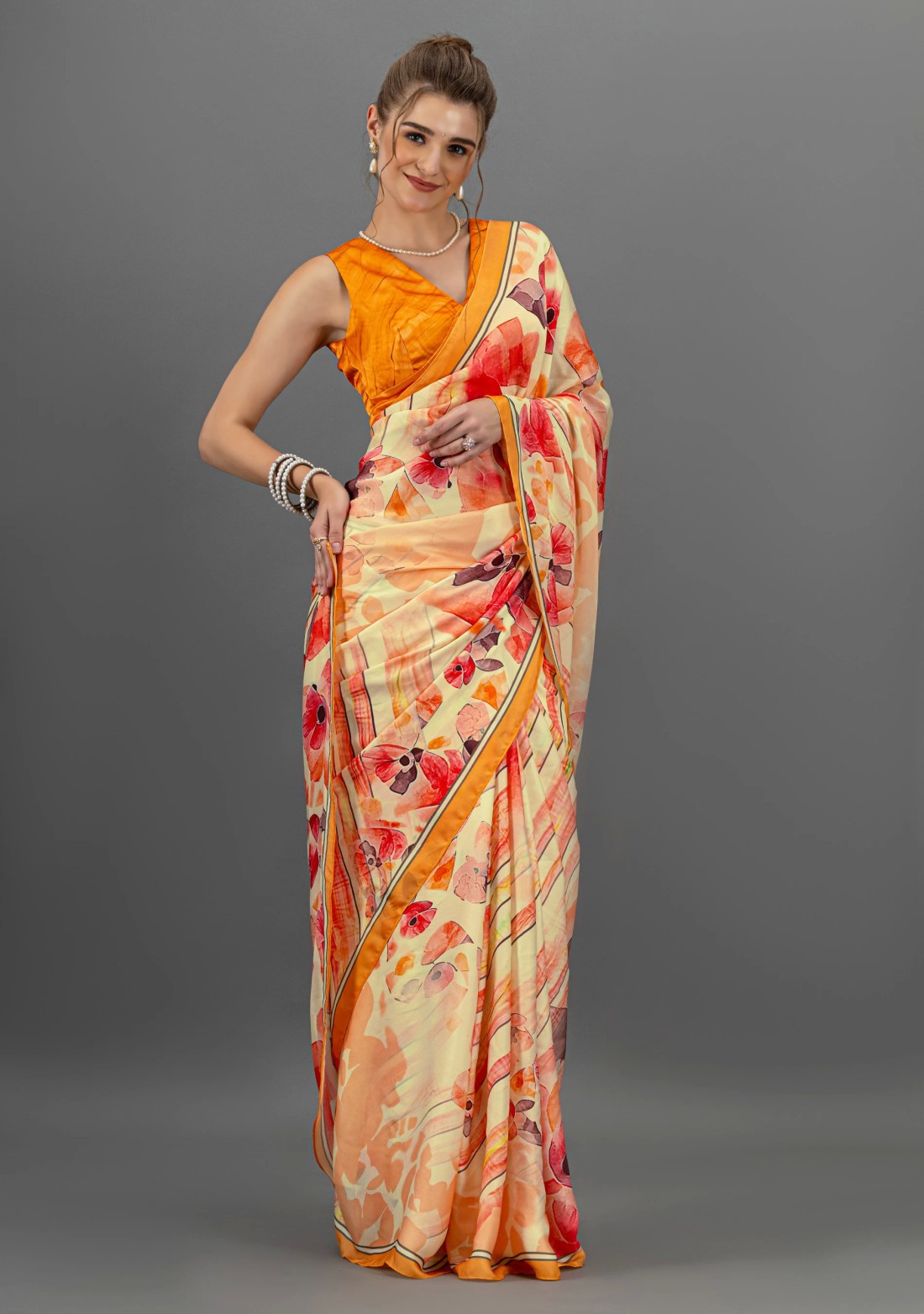 Mango Orange Abstract Floral Printed Lightweight Satin Georgette Saree With Unstitched Blouse