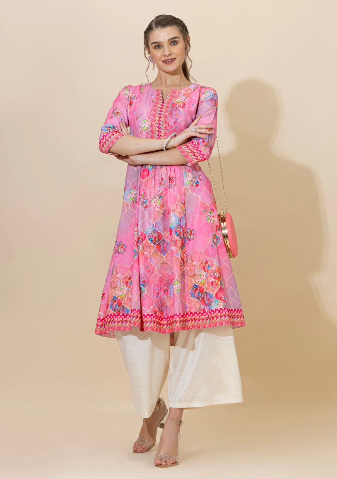 Pink Ethnic Motif Print Rayon Flared Kurta