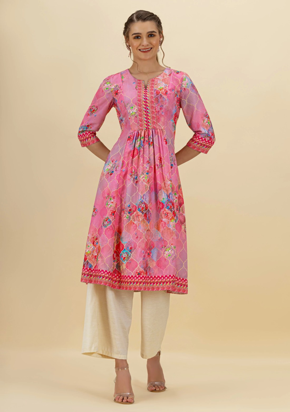 Pink Ethnic Motif Print Rayon Flared Kurta