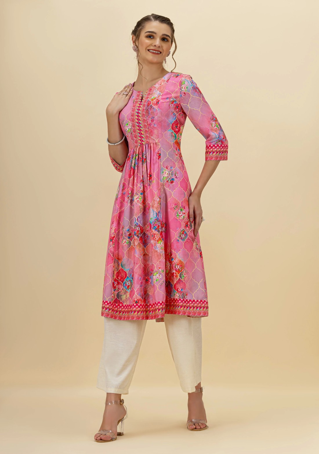 Pink Ethnic Motif Print Rayon Flared Kurta