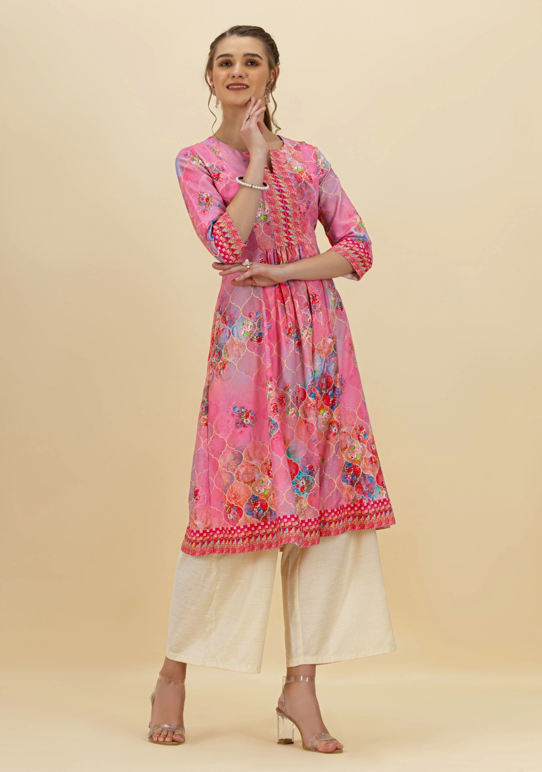 Pink Ethnic Motif Print Rayon Flared Kurta