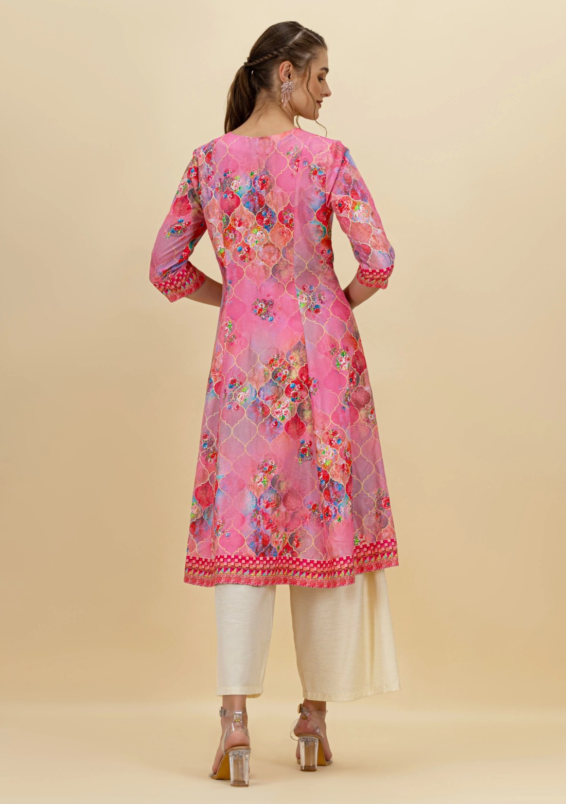 Pink Ethnic Motif Print Rayon Flared Kurta