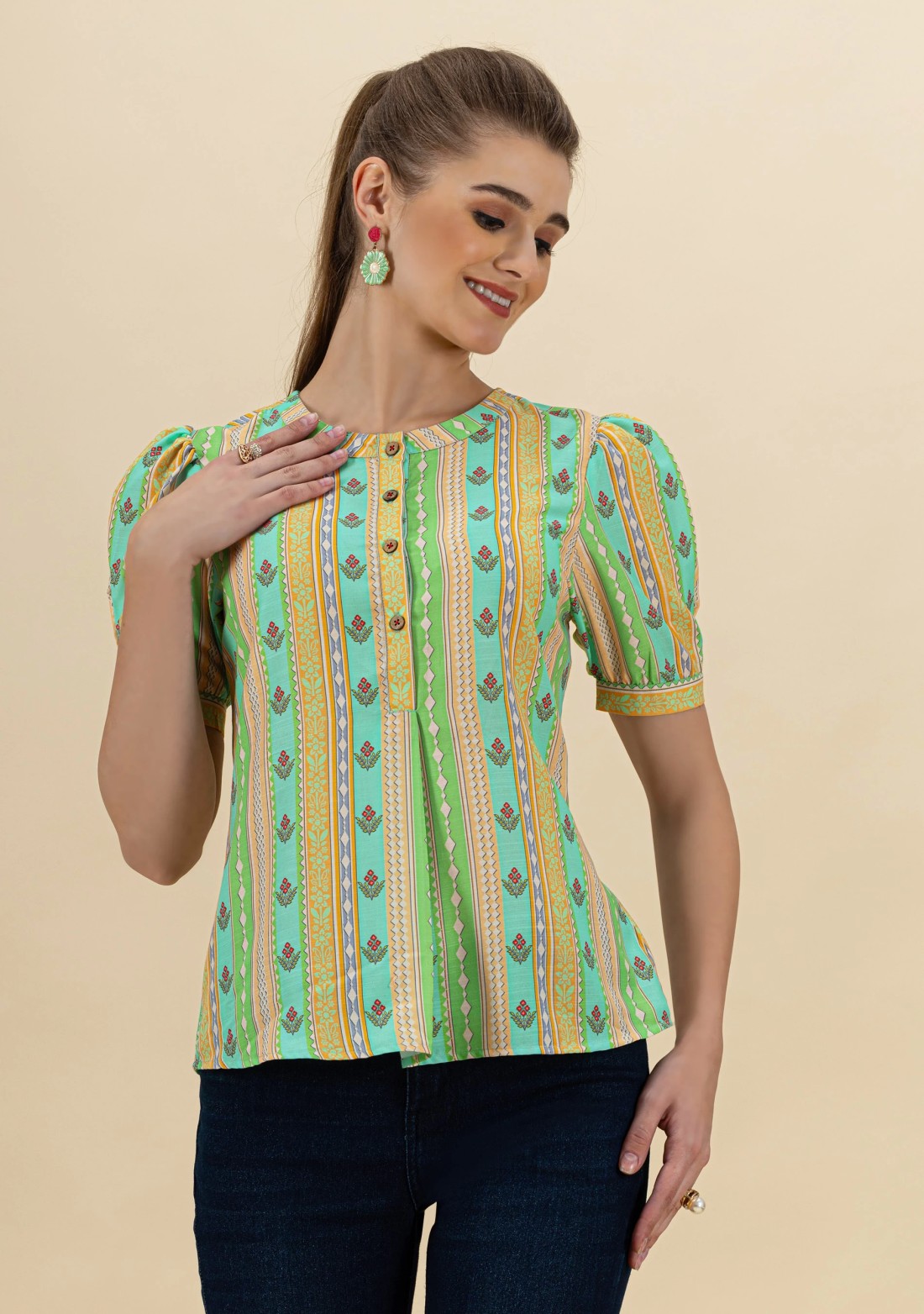 Multi Colour Ethnic Motif Print Rayon Top