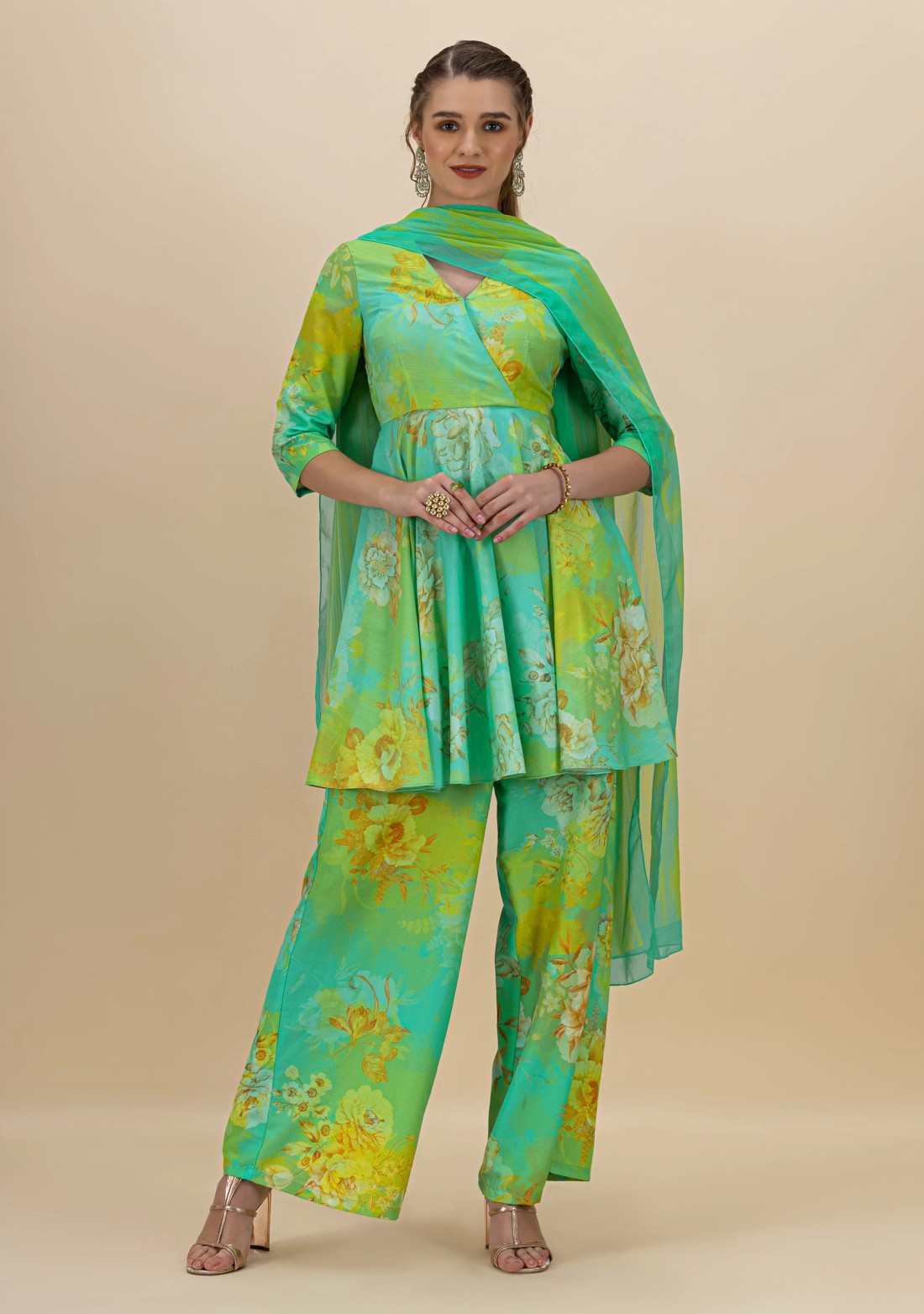 Green and Aqua Floral Print Flared Kurti and Palazzo Pants with Dupatta Set