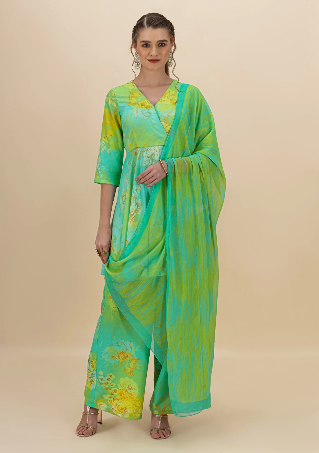 Green and Aqua Floral Print Flared Kurti and Palazzo Pants with Dupatta Set