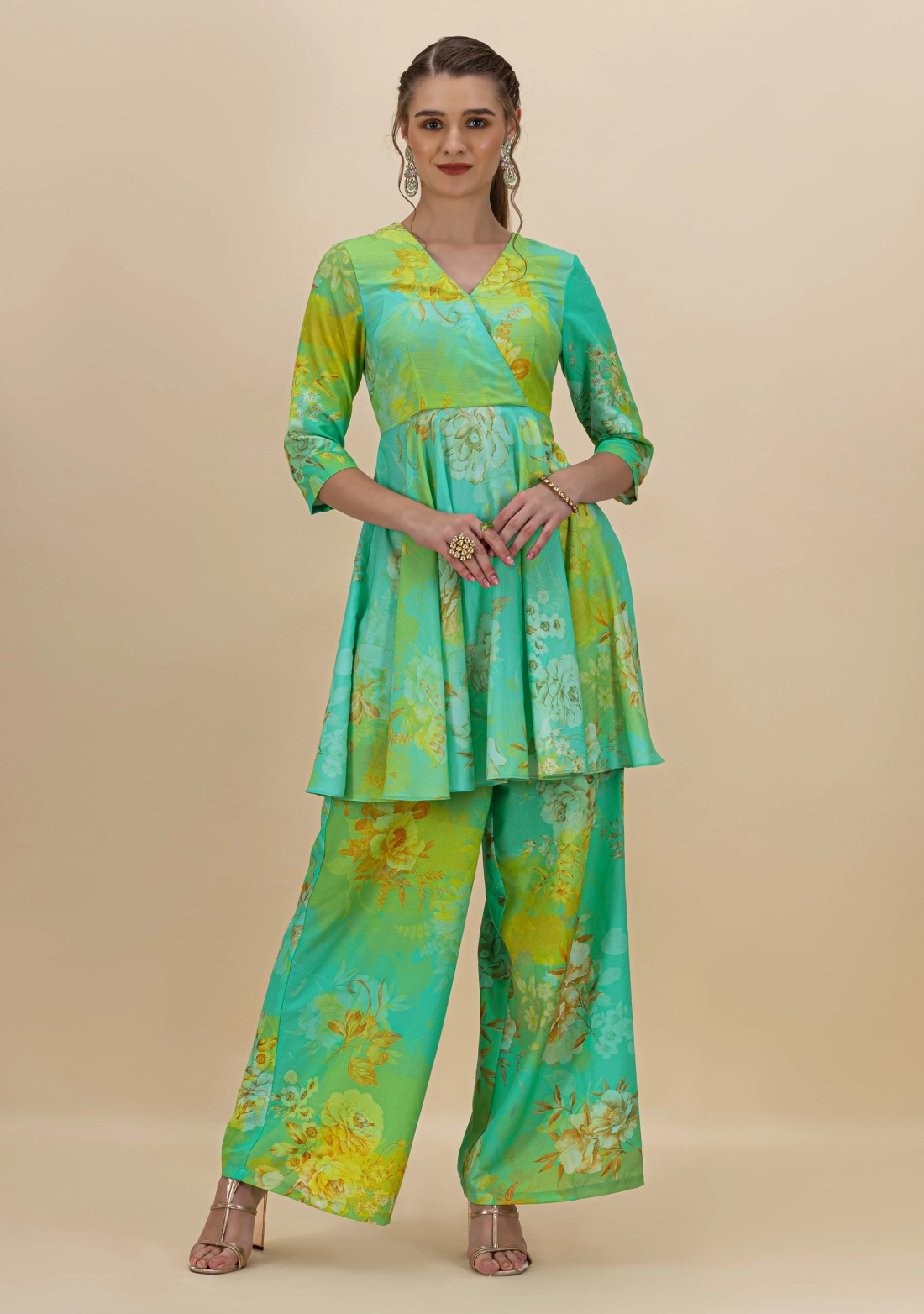 Green and Aqua Floral Print Flared Kurti and Palazzo Pants with Dupatta Set